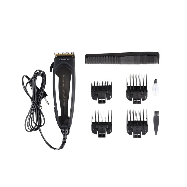 Професионална машинка за подстригване Taurus Mithos Avant, 9 части, 6W, AC мотор, Ултра остри титаниеви ножове, Стандартен за модела, Черен