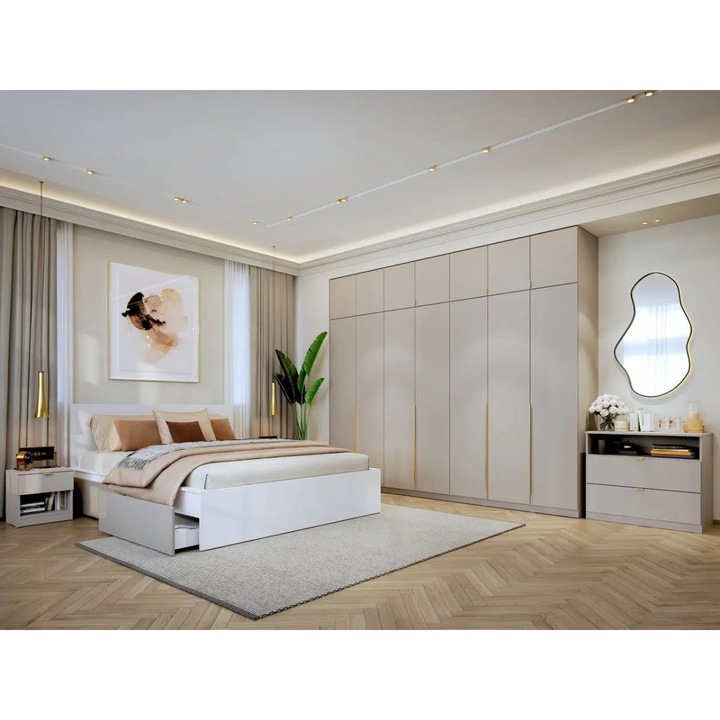 Set Dormitor Auris, Bej/Casmir, C27, Pat 160x200, 2 Noptiere, Comoda si Dulap Inalt 2.87m cu Soft close