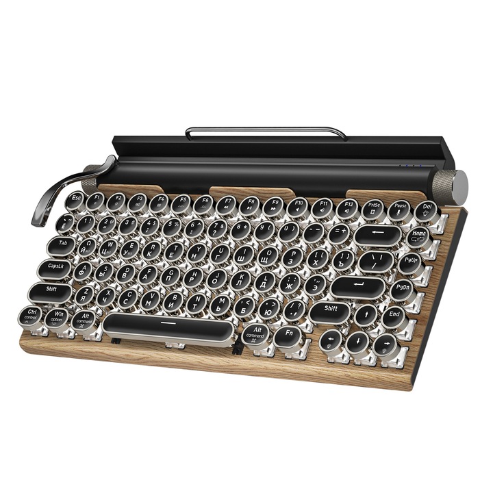 Tastatura mecanica retro punk Bluetooth dual-mode, comutatoare albastre personalizabile, efecte de iluminare colorate, 32.7x17x4.3cm, culoare lemn
