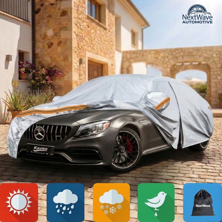Prelata Auto Premium NextWave®️, Impermeabila, Protectie UV, Praf, Zapada, Inghet, Universala pentru Sedan, Buzunare Oglinzi, Fermoar Usa Sofer, Material Premium, Husa Saculet Depozitare, benzi reflectorizante portocalii, 500 x 200 x 150 cm