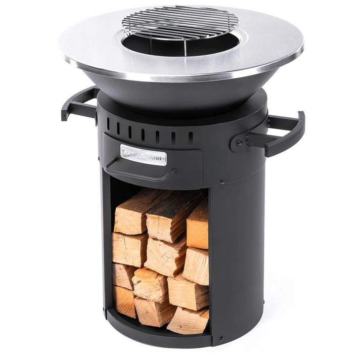 Gratar Fieldmann FZG 1019, 3 in 1 cu suport pentru lemne, plita metalica, Negru/argintiu, 57×57×77 cm
