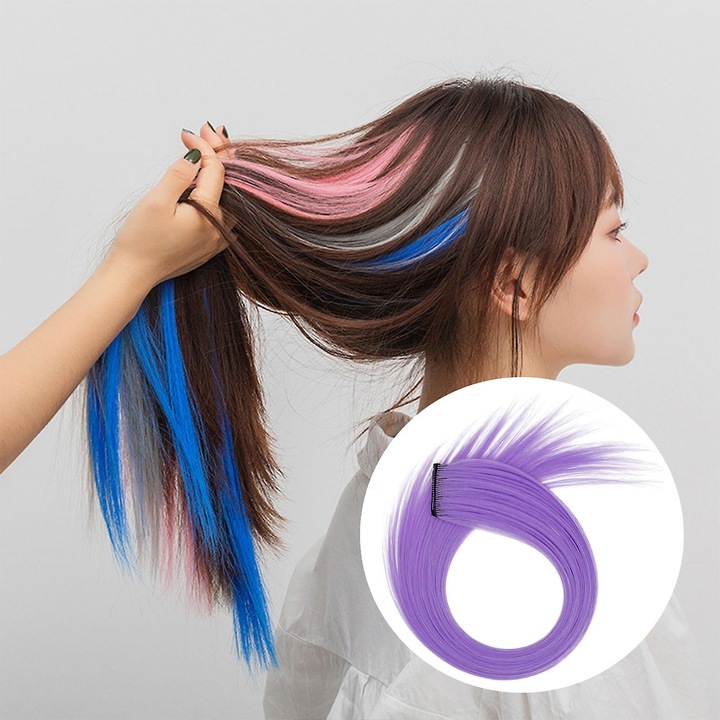 Accesorii par, extensii de par clip-on, sintetic, lungime 55cm, violet, set 1 bucata