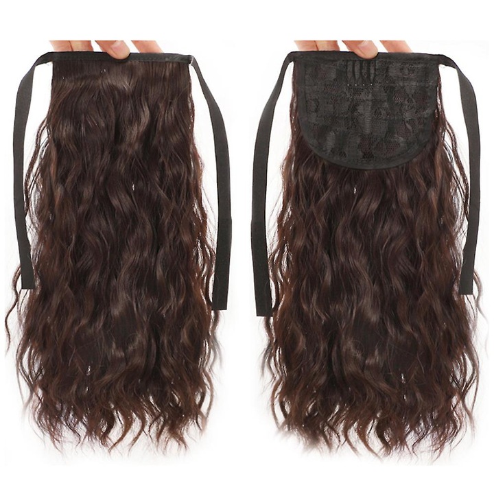 Peruca extensie coada de cal ondulata, sintetica, 35cm, culoare brunet inchis