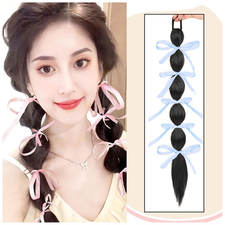 Ponytail impletit, 50cm, sintetic, negru-maroniu, set extensii par