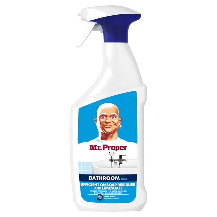 Spray pentru baie Mr. Proper Bathroom, eficient impotriva calcarului si reziduurilor de sapun, cu parfum proaspat, Alb, 800 ml