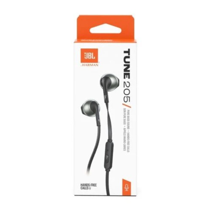 Casti in-ear JBL Tune 205, casti cu fir, cu microfon pentru apeluri si telecomanda pe fir, negru, 1 buc