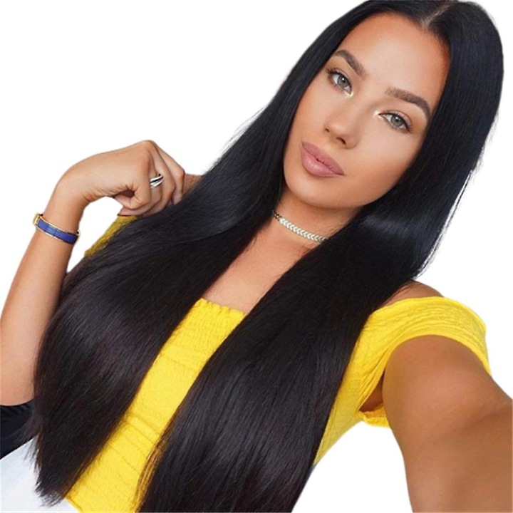 Peruca lunga drepta neagra din fibra sintetica, 70cm, set de accesorii par