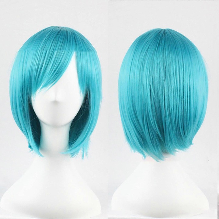 Peruca scurta dreapta pentru fete, albastru lac, 32cm, cu breton