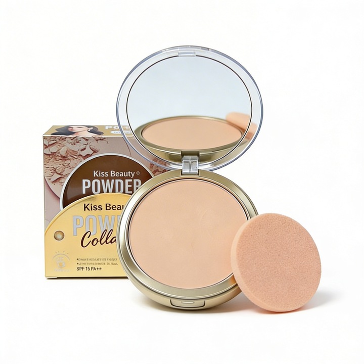 Kiss Beauty kompakt púder, kollagén, SPF 15 fényvédelem, bézs, 19 g, szivaccsal együtt
