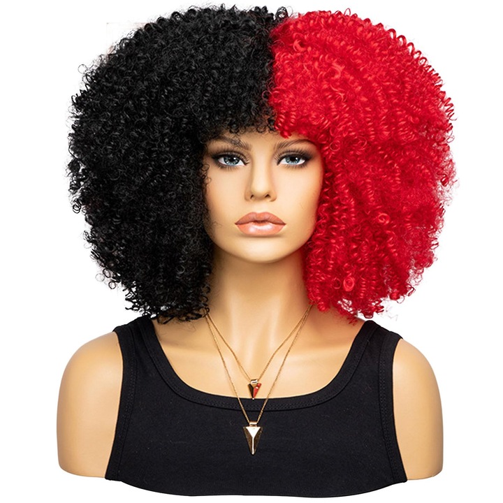 Peruca sintetica multicolor cu breton, par mediu lung, negru si rosu, confortabila, ajustabila