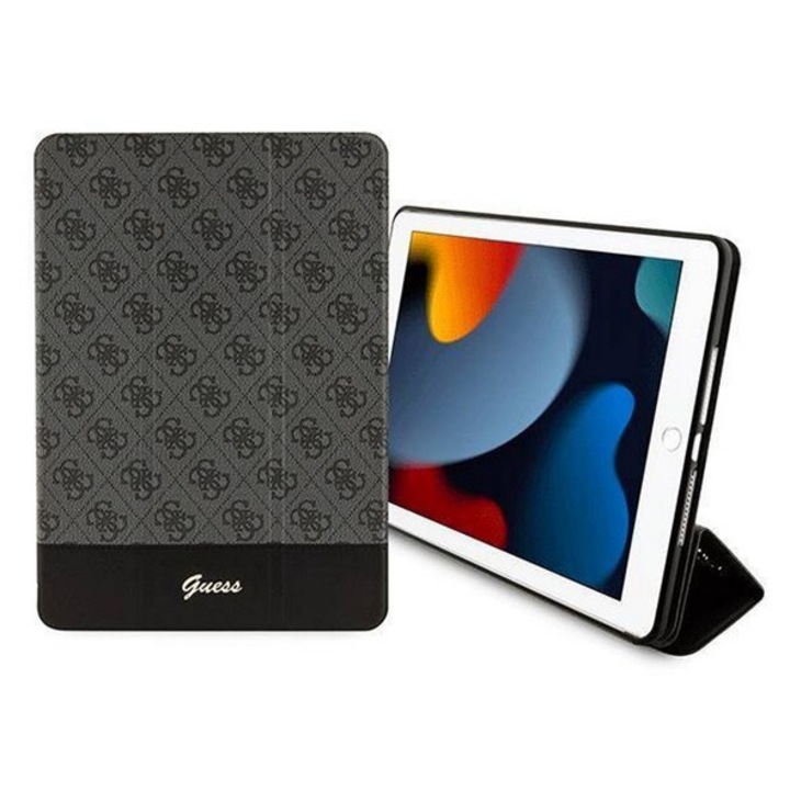 Guess stripe allover tabletvédő álló, eco bőr hatású, flip, oldalra nyíló, trifold, asztali tartó, sötétszürke, kompatibilis: IPAD 10.2, 2021, / 10.2, 2020, / 10.2, 2019