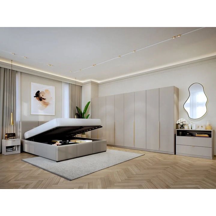 Set Dormitor Auris, Bej/Casmir, C30, Pat Rabatabil 160x200, 2 Noptiere, Comoda si Dulap 3.28m cu Soft close
