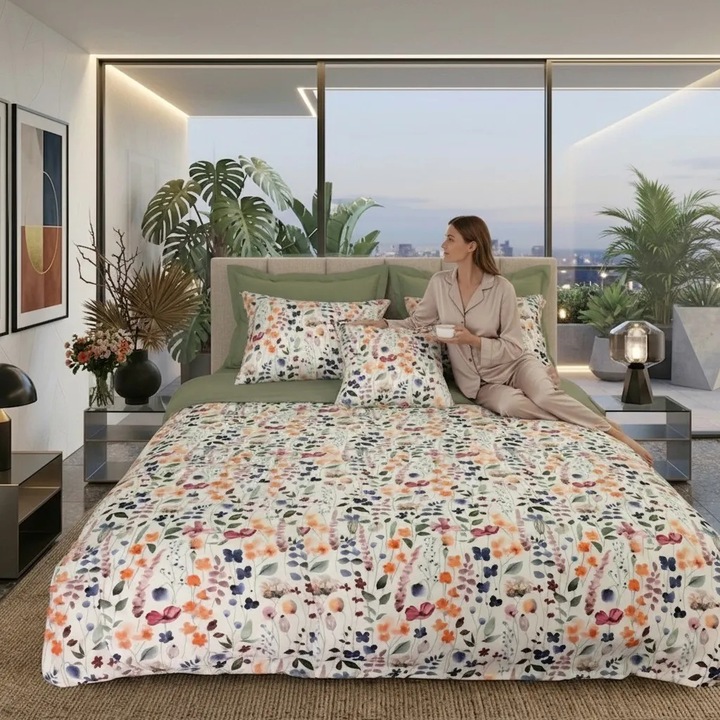 Lenjerie de pat Cotton Pro 100% bumbac King Size, doua fete – imprimare digitala (Eleganta Crem/Verde), Ralex Pucioasa