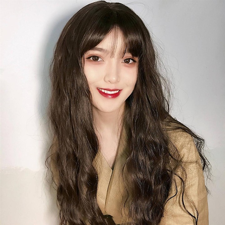 Peruca lunga ondulata, 70cm, sintetica, aspect natural, cu breton, usoara