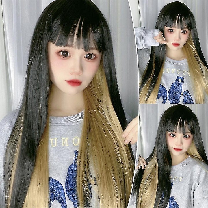 Peruca lunga drepta cu breton, 68cm, 240g, sintetic, multicolor, set de accesorii par