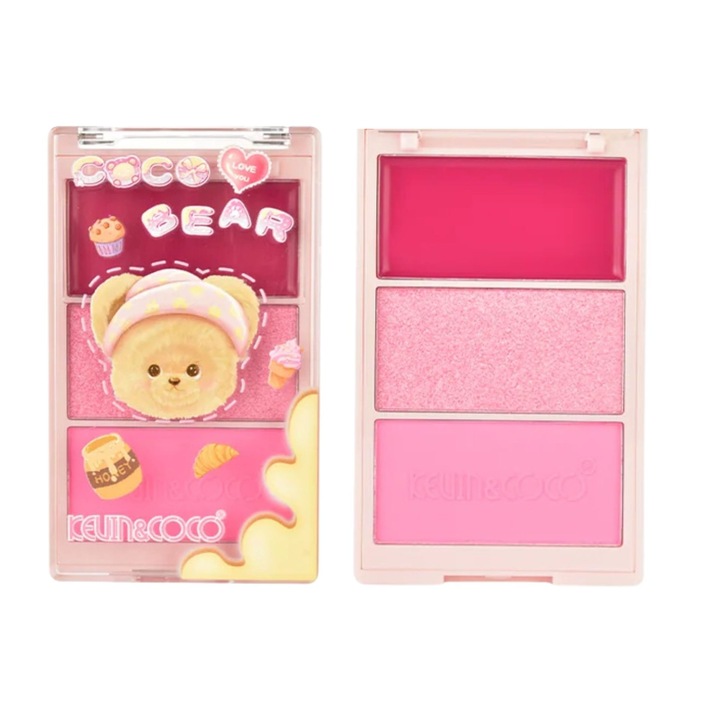 Paleta Fard de Obraz, Kevin&Coco, 3 Culori, Blush, Iluminator, Contur, Textura Fina, Efect Natural, pentru Toate Tipurile de Ten, 71.7 g, 6.7 x 1.5 x 11 cm, Roz