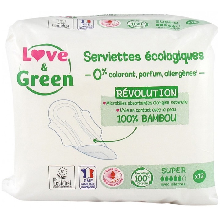 Absorbante hipoalergenice, anti-iritatie, Love & Green, 12 buc
