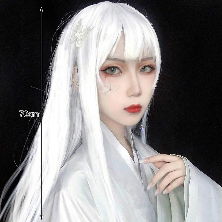 Peruca alba naturala, lungime 70cm, ajustabila, pentru uz zilnic, accesorii par