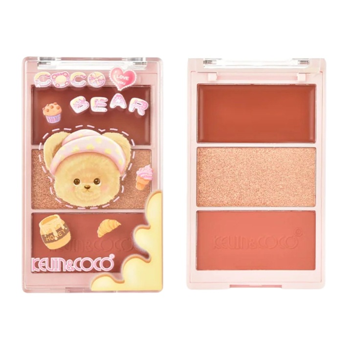 Paleta Fard de Obraz, Kevin&Coco, 3 Culori, Blush, Iluminator, Contur, Textura Fina, Efect Natural, pentru Toate Tipurile de Ten, 71.7 g, 6.7 x 1.5 x 11 cm, Bronz