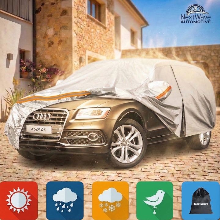 NextWave®️ Prémium Autóponyva, Vízálló, UV-védelem, Por, Hó, Fagy ellen, Univerzális SUV-hoz, Tükörzsebek, Vezetőoldali ajtó cipzár, Prémium anyag, Tárolótáska, narancssárga fényvisszaverő csíkok, 510 x 200 x 185 cm