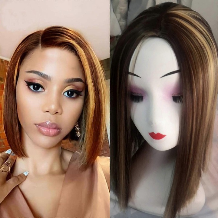 Peruca drepta pentru femei, 45cm, par uman, culoare maronie, din matase rezistenta la temperaturi ridicate