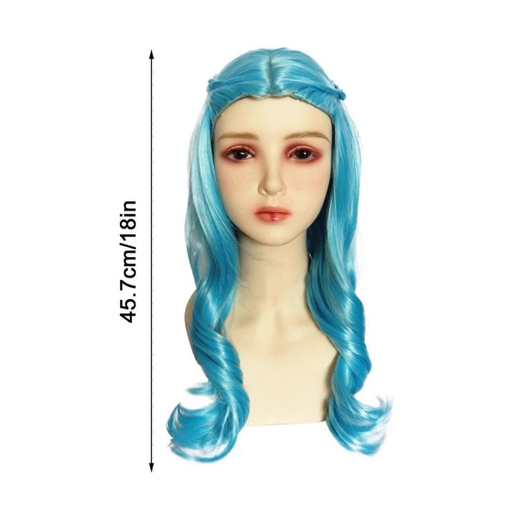 Peruca lunga ondulata albastra din fibra de inalta temperatura pentru femei, set pentru copii