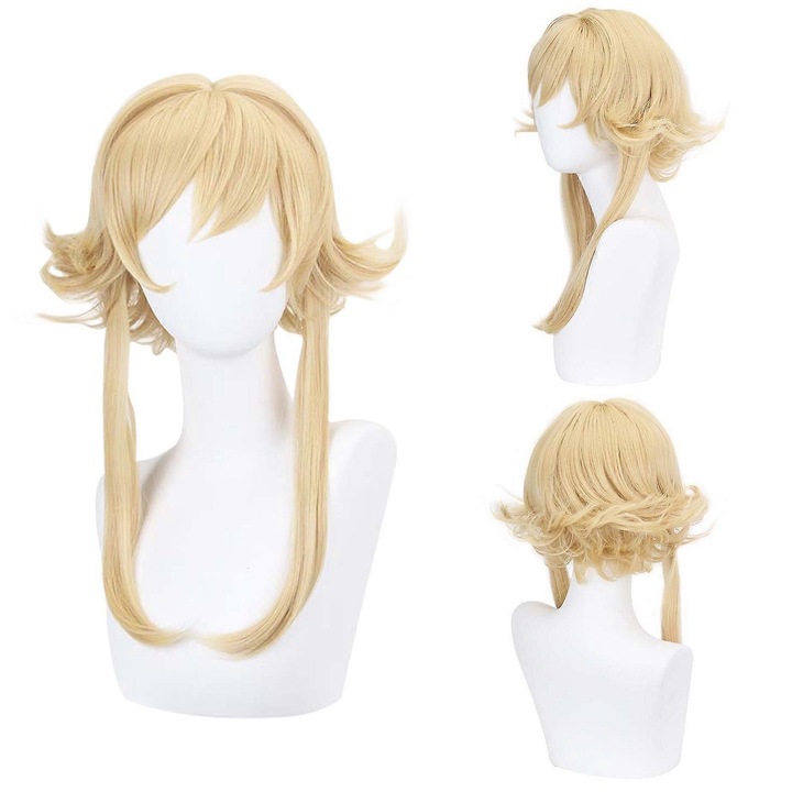 Peruca scurta ondulata blond deschis, 55cm, set accesorii par