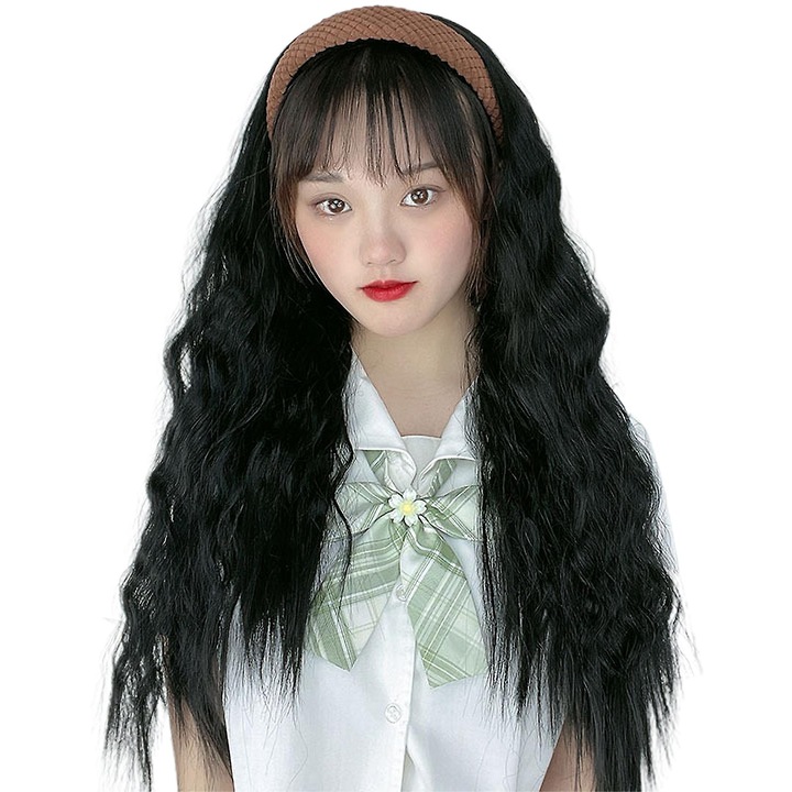 Peruca lunga ondulata, 65cm, banda de par maro, accesorii pentru femei