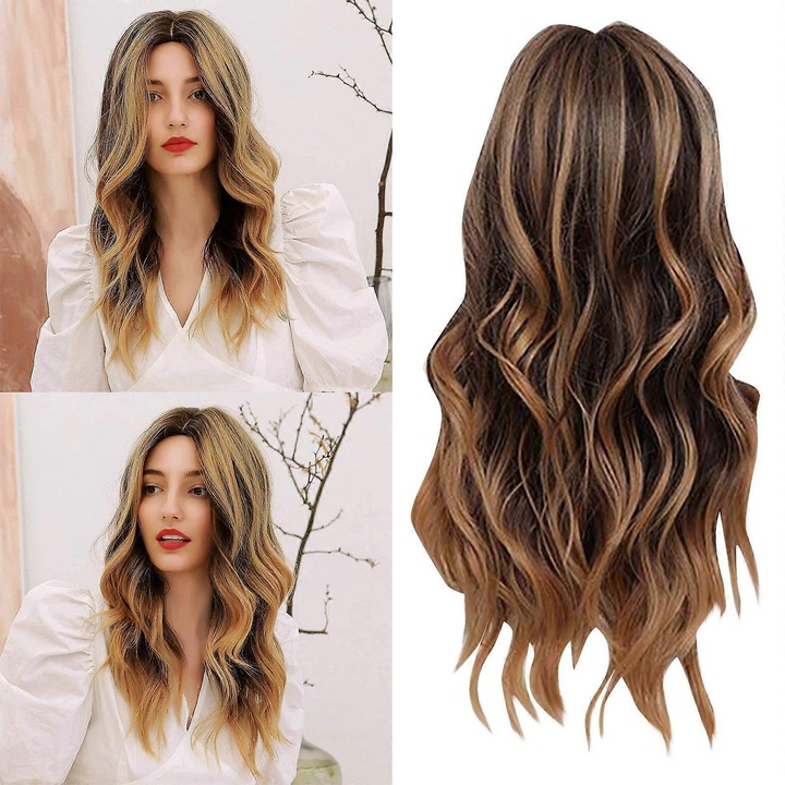 Peruca ondulata pentru femei, set cu gradient maro, 24 inch, 300g