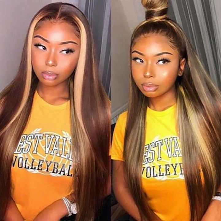 Peruca lunga drepta naturala, bleach si vopsita, maro auriu, din matase de inalta temperatura