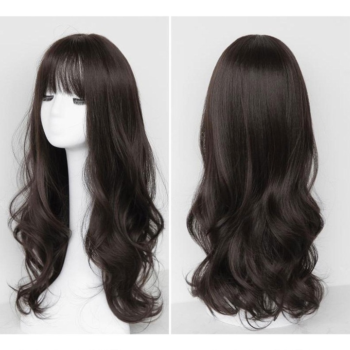 Peruca lunga ondulata, culoare bej, cu breton, accesorii par, 350g