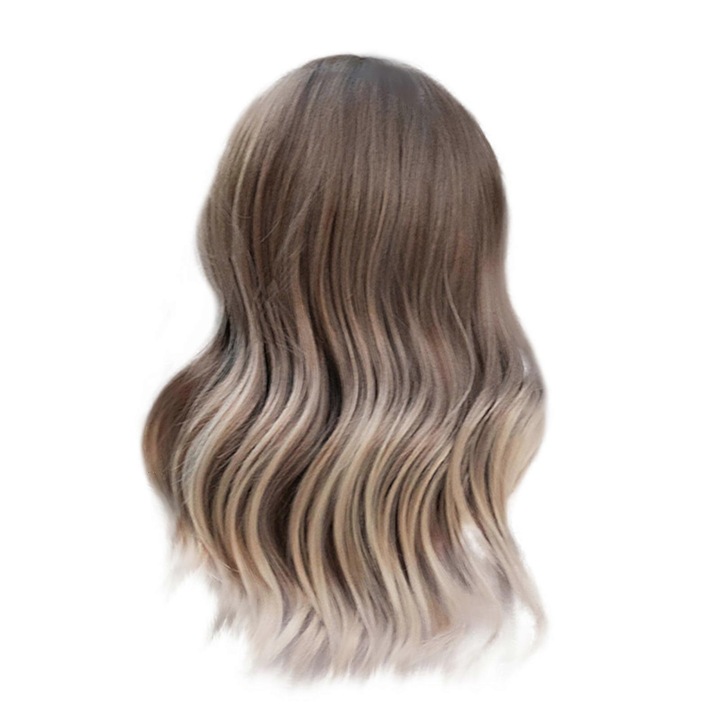 Peruca din fibra rezistenta la temperaturi ridicate, 46cm, cu breton, par lung ondulat, culoare bruneta