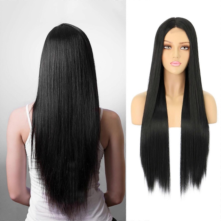 Peruca lunga drepta din fibra chimica, 28in, design natural, fara agrafe, set de peruca