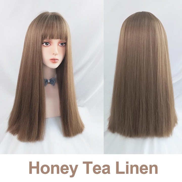 Peruca lunga drepta cu breton, culoare miere, set de peruci din fibra sintetica rezistenta la caldura pentru uz zilnic