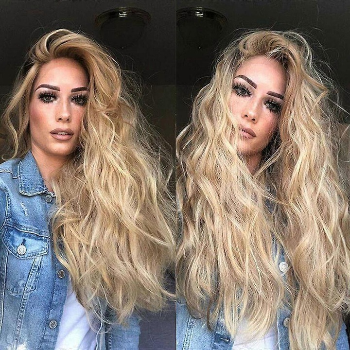 Peruca femei aurie, lunga, ondulata, din fibra de matase de inalta temperatura, 60cm