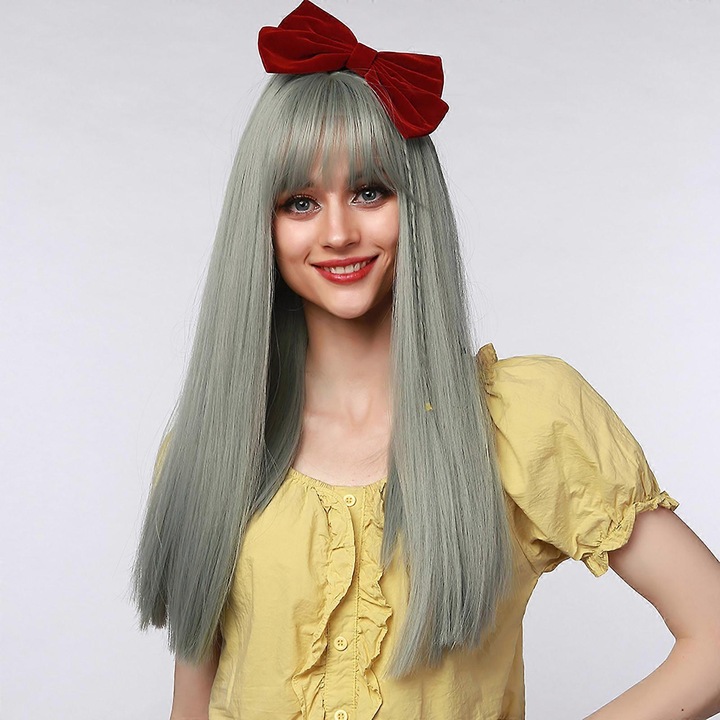 Peruca 40cm, gri-maro, cu breton, par drept, material din fibra de inalta temperatura