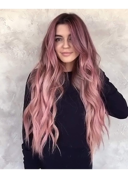Peruca lunga sintetica roz ombre, 65cm, cu radacini inchise, densitate 150%