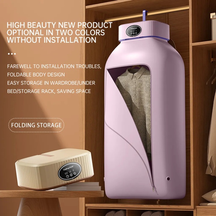 Uscator rufe portabil, mini uscator compact, eficienta ridicata, roz, pentru apartamente