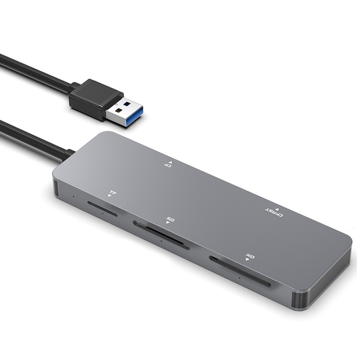 Cititor de carduri USB 3.0, 6 in 1, TF/SD/MS/M2/XD/CF, transfer de date 5Gbps, design compact, aluminiu