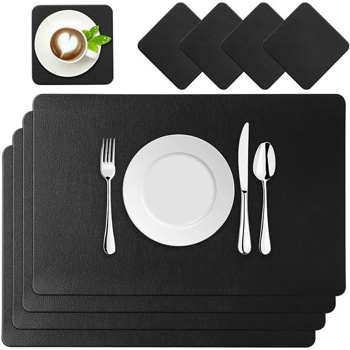 Set de 4 servete din piele ecologica, rezistente la caldura, lavabile, impermeabile, negre
