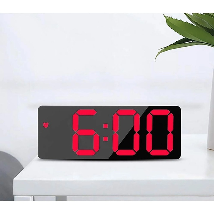 Ceas de birou digital LED, fata neagra cu rosu, mod anti-interferenta, dimensiuni mari
