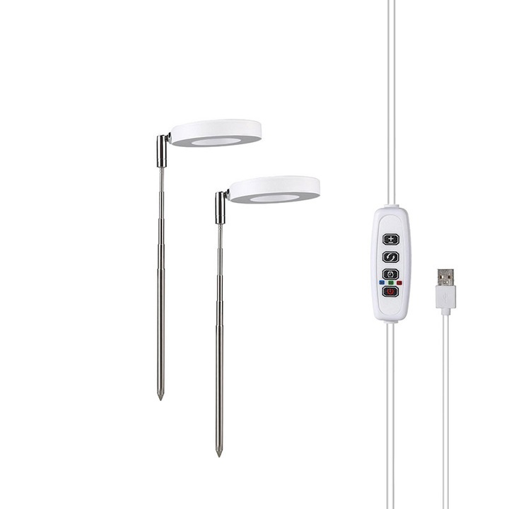 Lampa de crestere pentru plante, tip halo, spectru complet rosu si albastru, inaltime ajustabila, 10 niveluri de intensitate, set de 2 lumini, alb.