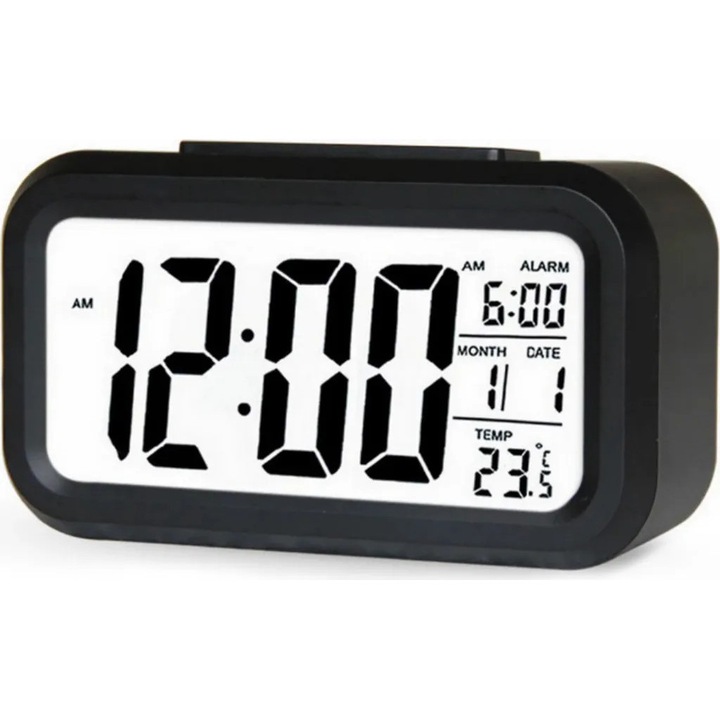 Ceas de alarma digital, LED, cu display LCD, functie snooze, temperatura si data, 13.5x4.5x7.5cm, negru