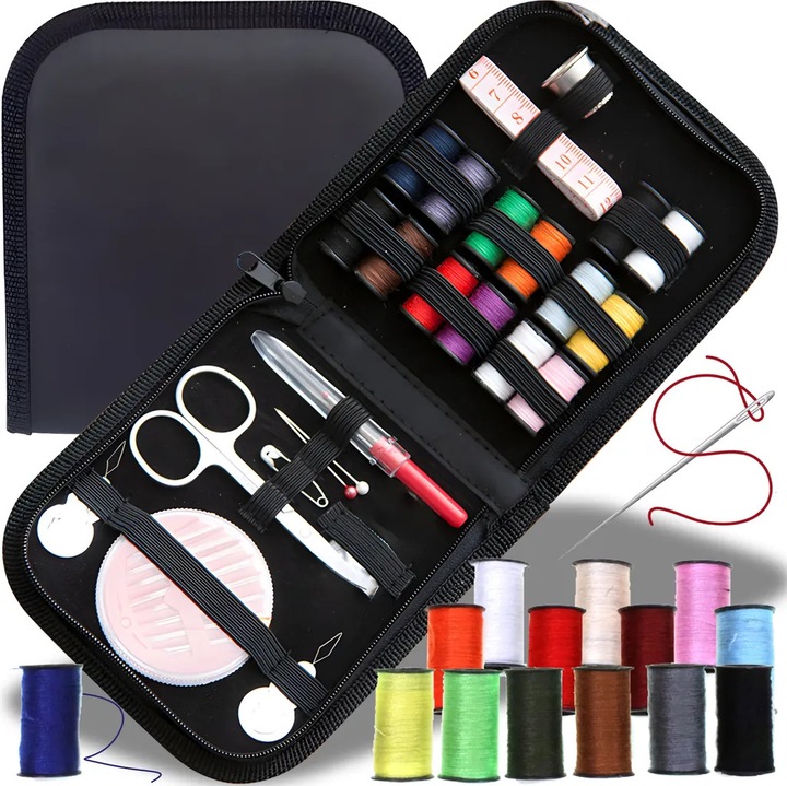 Set de cusut mini 23 piese, accesorii de calatorie, dimensiuni 12.5x12x3.5cm, multicolor