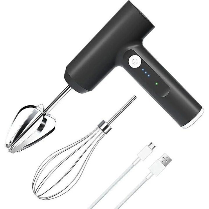 Mixer electric fara fir, 3 viteze, din otel inoxidabil, incarcare USB, pentru prepararea prajiturilor