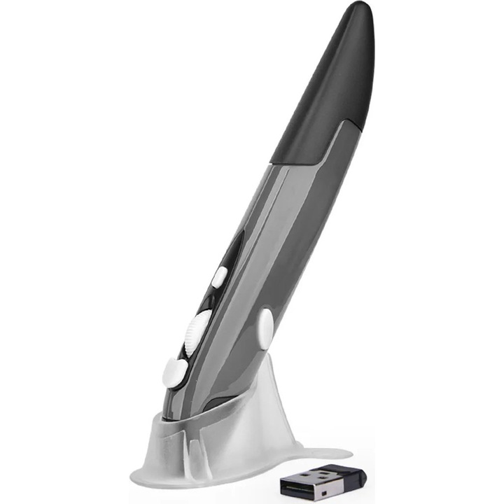 Mouse pen wireless 2.4GHz, optic, ajustabil 500/1000 DPI, negru + gri, 14x2.3x1.5cm, set complet