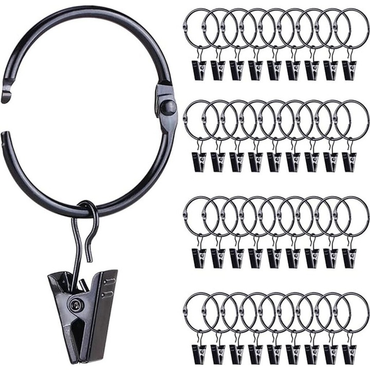 Set 36 inele pentru perdele cu clips, 38mm, metalic, pentru perdele transparente si opace