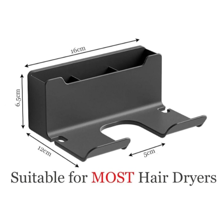 Suport pentru uscator de par, montare pe perete, 16.5x12.5x7cm, 3 compartimente, negru, fara gaurire