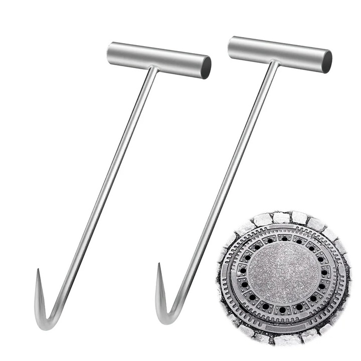 Carlig pentru deschiderea capacelor de canal, 30cm, design T, otel carbon, set de 2 bucati