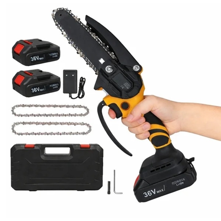 Fierastrau mini cu lant, 36V, DEPOX®, 2 acumulatori, 2 lanturi, LED, negru/galben